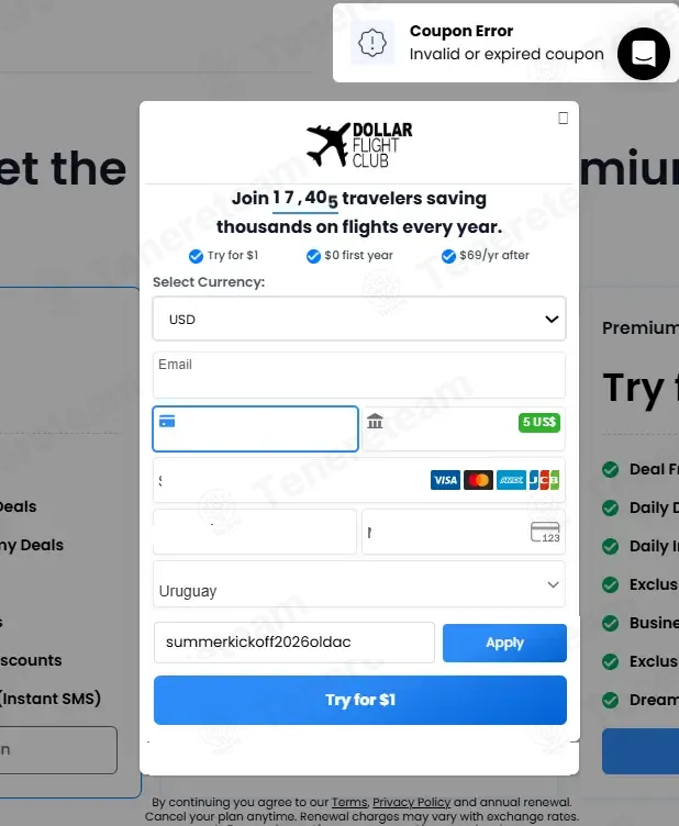 Dollar Flight Club coupon code: Sale off with summerkickoff2026oldac. Tested and valid as 1 month ago.
