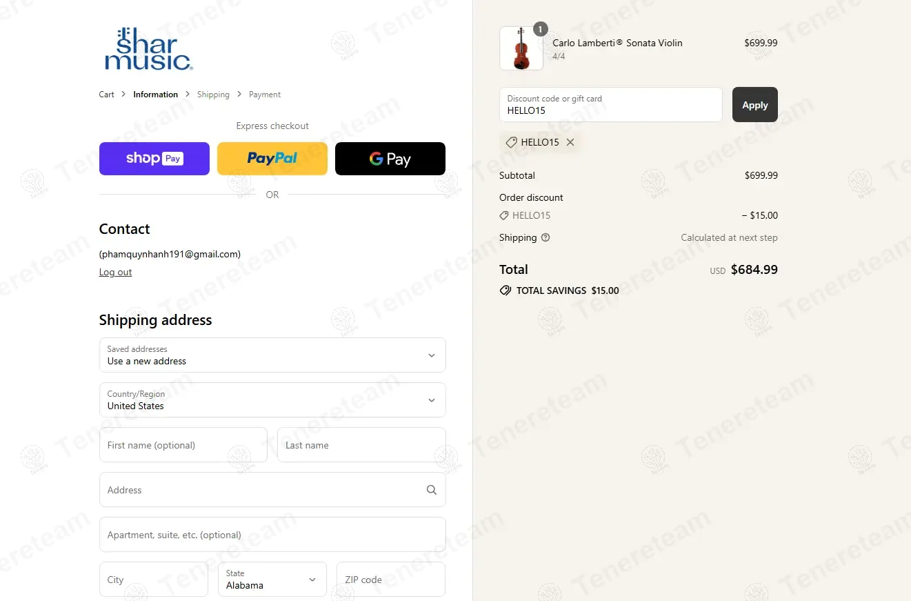 Shar Music coupon code: 15% off with HELLO. Tested and valid as 8 months ago.
