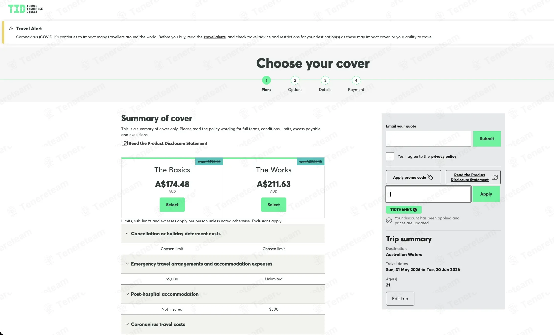 Travel Insurance Direct coupon code: 10% off with TIDTHANKS. Tested and valid as 1 month ago.
