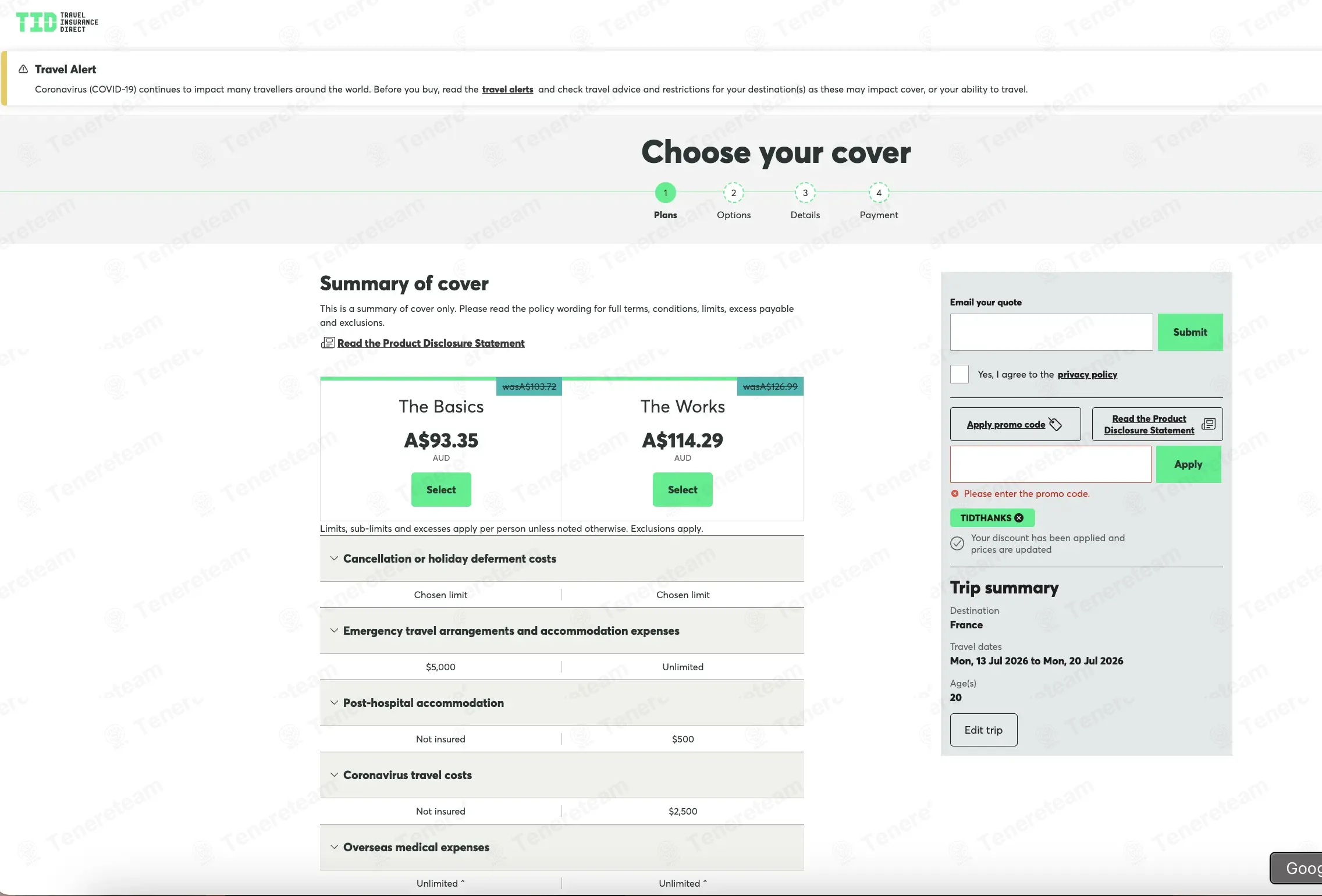 Travel Insurance Direct coupon code: 10% off with TIDTHANKS. Tested and valid as 1 month ago.