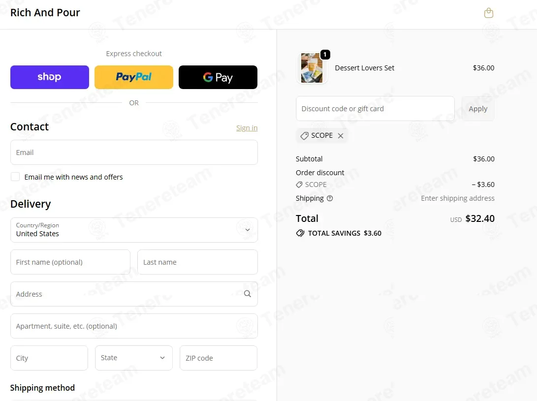 Rich and Pour coupon code: 10% off with SCOPE. Tested and valid as 2 weeks ago.