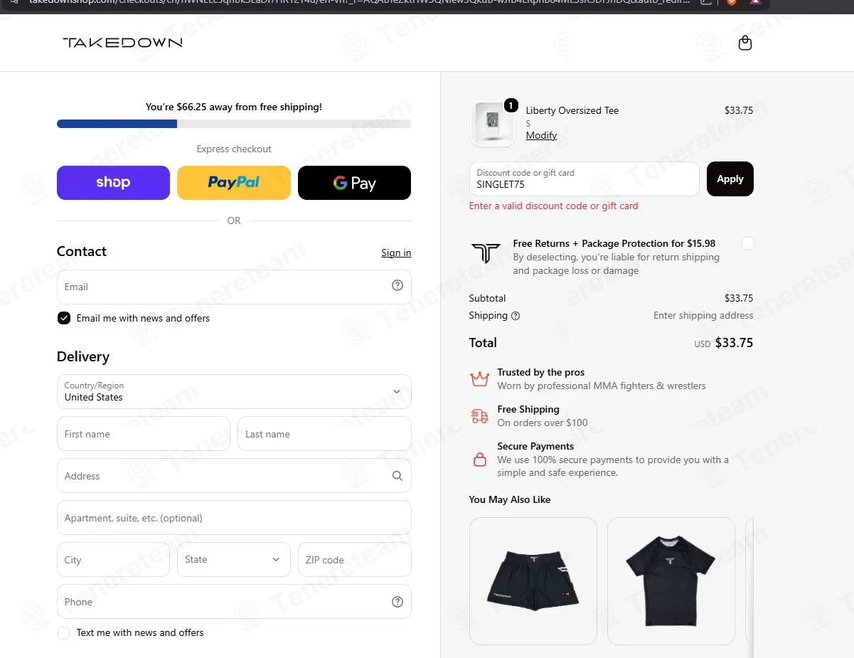 Takedown Sportswear coupon code: 15% off with SINGLET75. Tested and valid as 1 week ago.