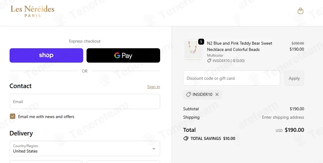 Les Nereides coupon code: $10 off with INSIDER10. Tested and valid as 8 months ago.