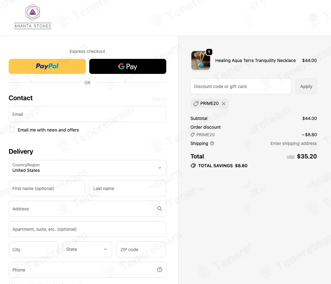 Ananta Stones coupon code: 20% off with PRIME20. Tested and valid as 4 weeks ago.