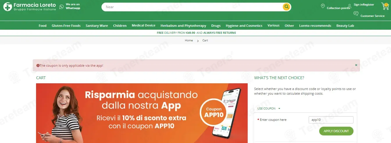 Farmacia Loreto coupon code: 10% off with app10. Tested and valid as 2 months ago.