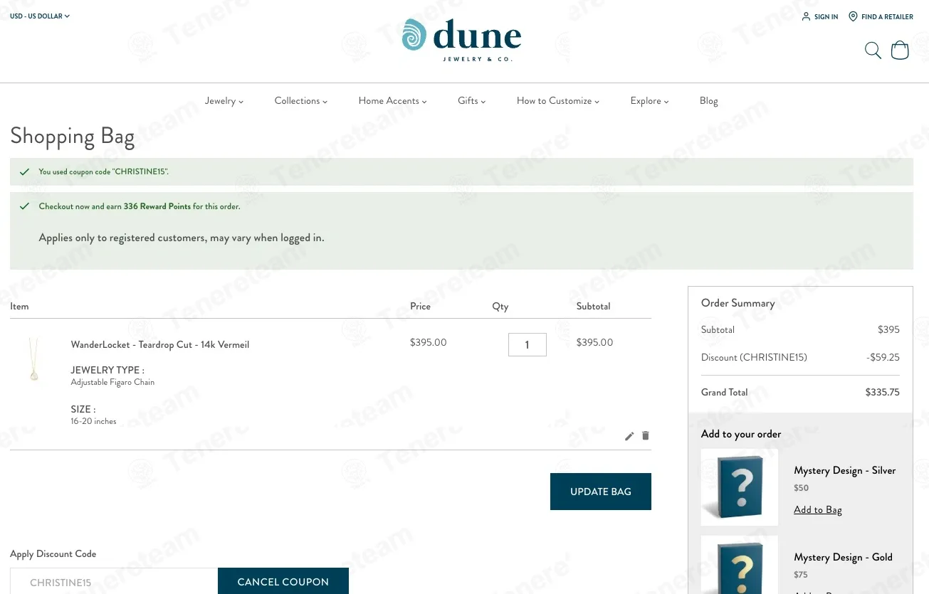 Dune Jewelry coupon code: 15% off with CHRISTINE15. Tested and valid as 2 weeks ago.