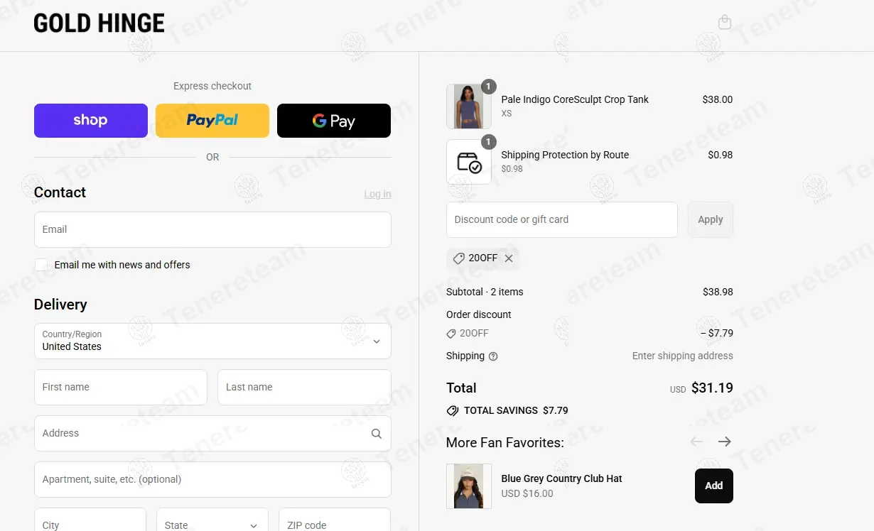 Gold Hinge Boutique coupon code: 20% off with 20OFF. Tested and valid as 11 months ago.