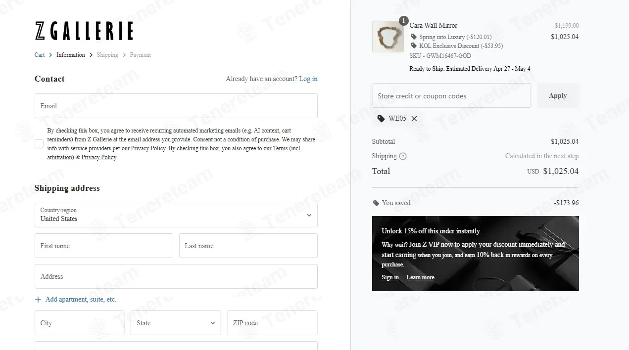 Z Gallerie coupon code: 5% off with WE05. Tested and valid as 1 month ago.