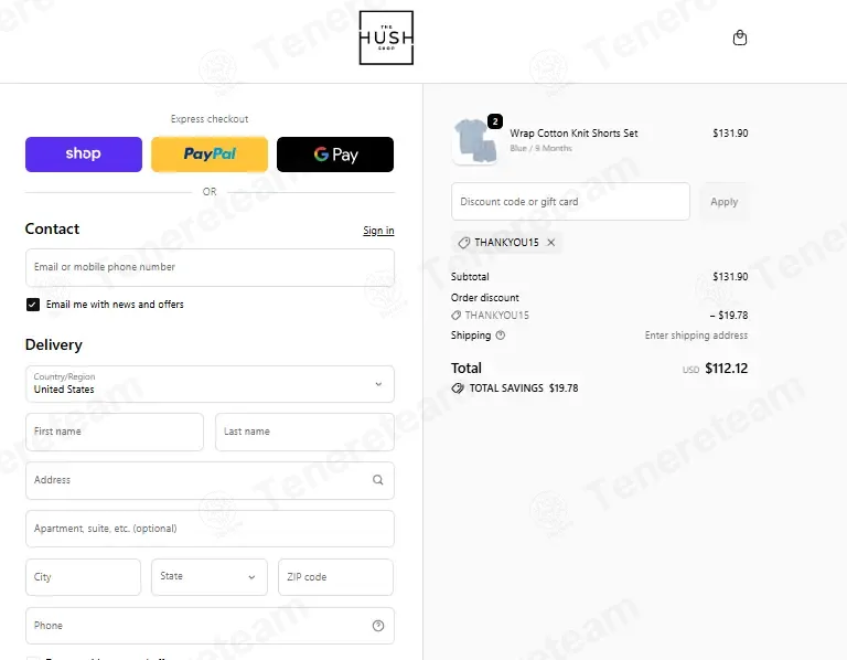The Hush Shop coupon code: 15% off with THANKYOU15. Tested and valid as 2 months ago.
