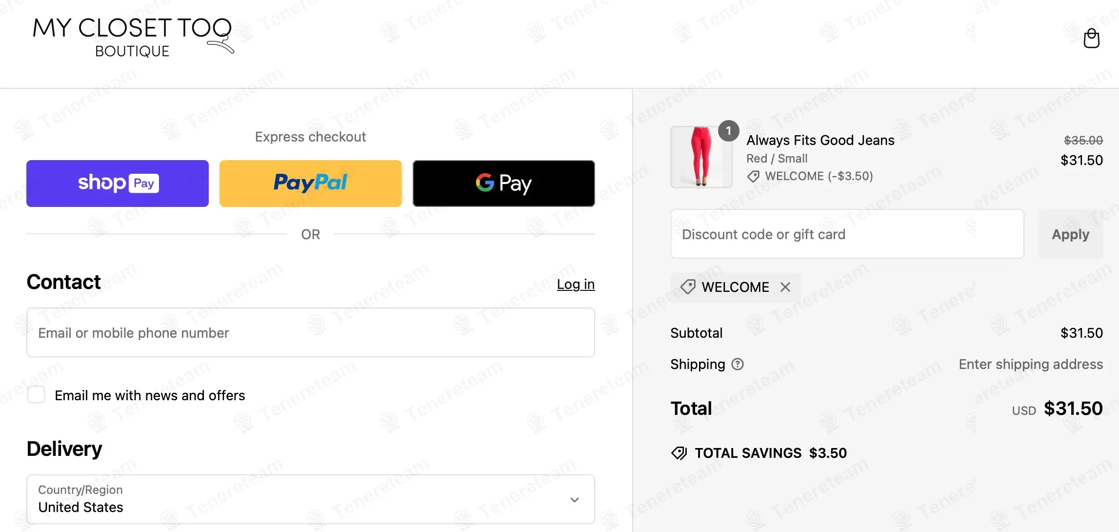 My Closet Too Boutique coupon code: 10% off with WELCOME. Tested and valid as 1 year ago.