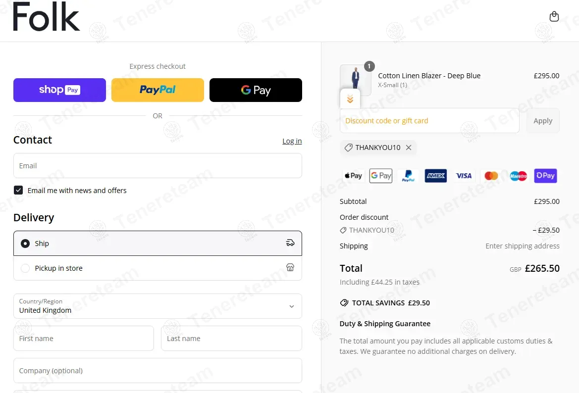 Folk Clothing coupon code: 10% off with THANKYOU10. Tested and valid as 1 year ago.