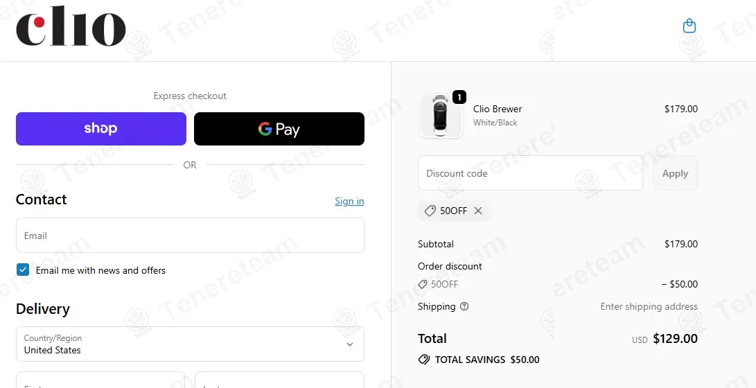 Clio Coffee coupon code: $50 off with 50OFF. Tested and valid as 9 months ago.