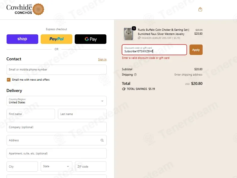 Cowhide and Conchos coupon code: 10% off with Subscribe10TSWXZ6H6. Tested and valid as 1 month ago.
