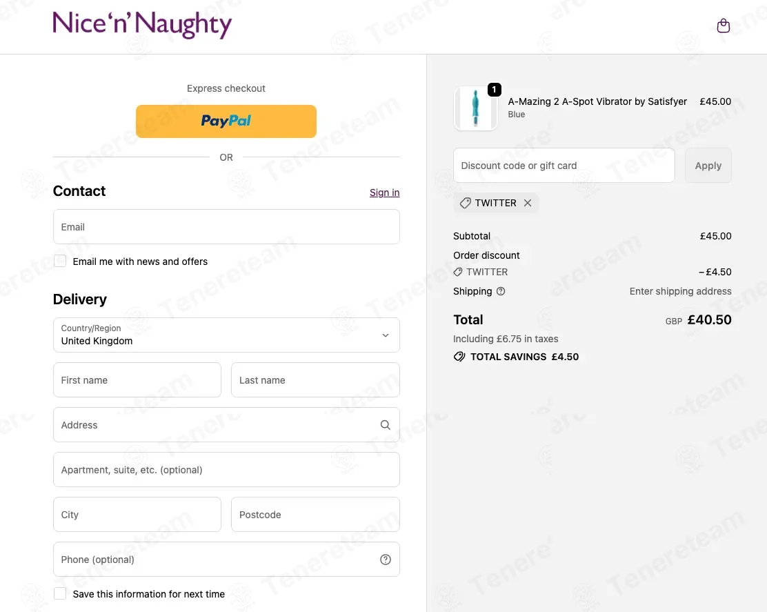 Nice 'n' Naughty coupon code: 10% off with TWITTER. Tested and valid as 1 week ago.