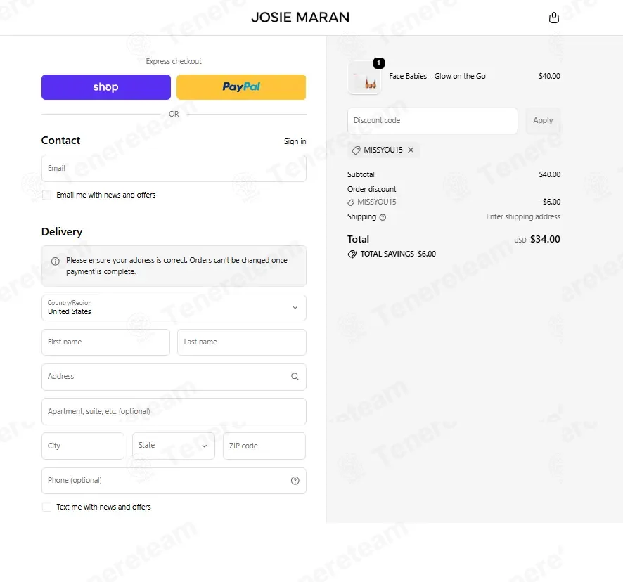 Josie Maran Cosmetics coupon code: 15% off with MISSYOU15. Tested and valid as 7 months ago.