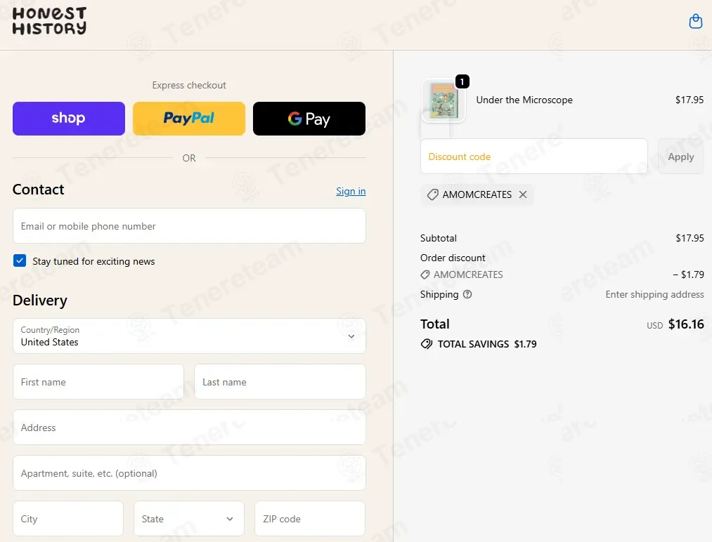 Honest History coupon code: 10% off with AMOMCREATES. Tested and valid as 2 weeks ago.