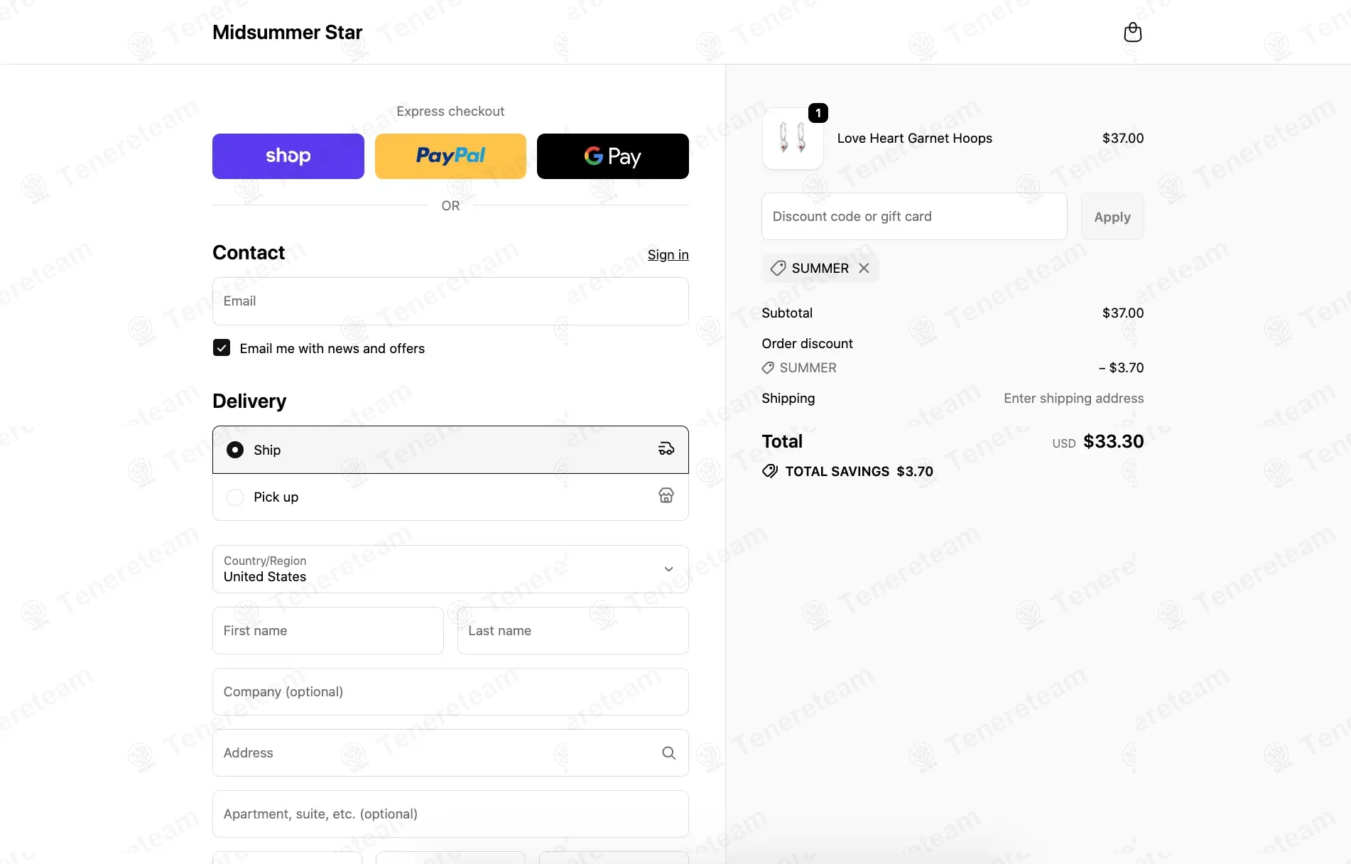 Midsummer Star coupon code: 10% off with SUMMER. Tested and valid as 7 months ago.