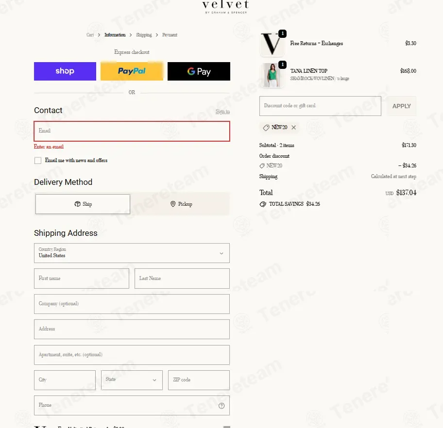 Velvet Tees coupon code: 20% off with NEW20. Tested and valid as 2 weeks ago.