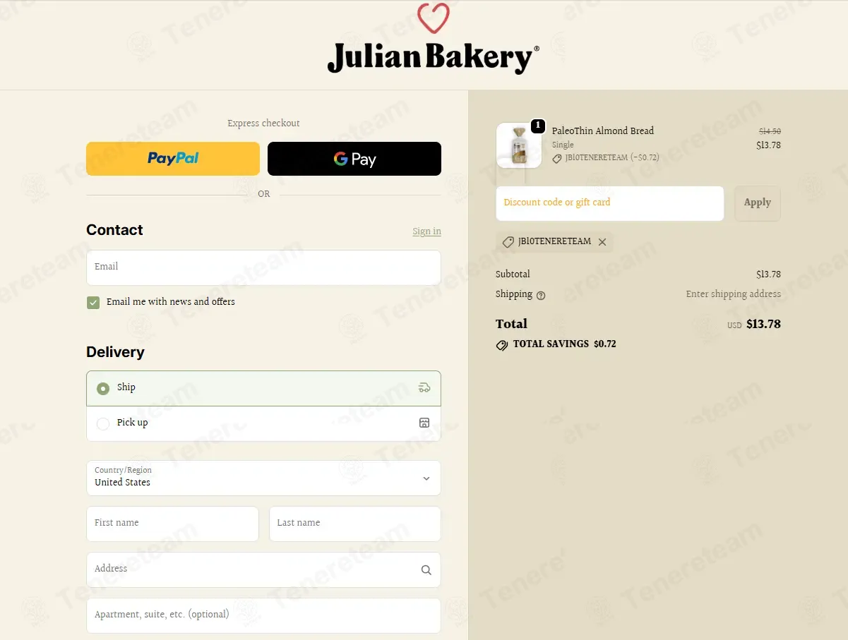Julian Bakery coupon code: 5% off with JB10TENERETEAM. Tested and valid as 1 day ago.