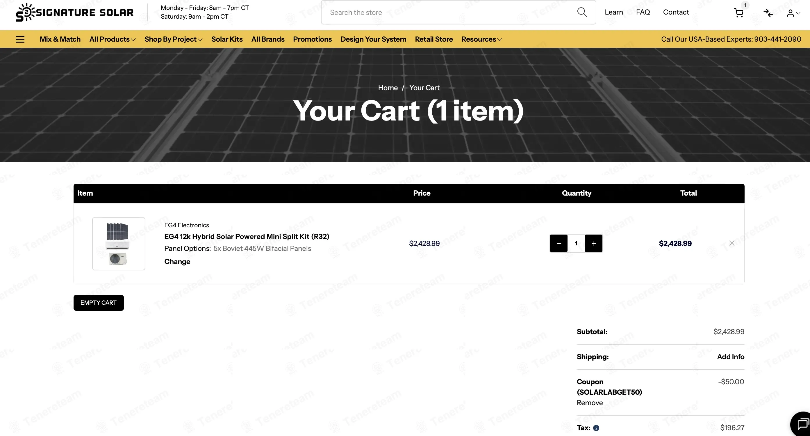 Signature Solar coupon code: $50 off with SOLARLABGET50. Tested and valid as 7 months ago.