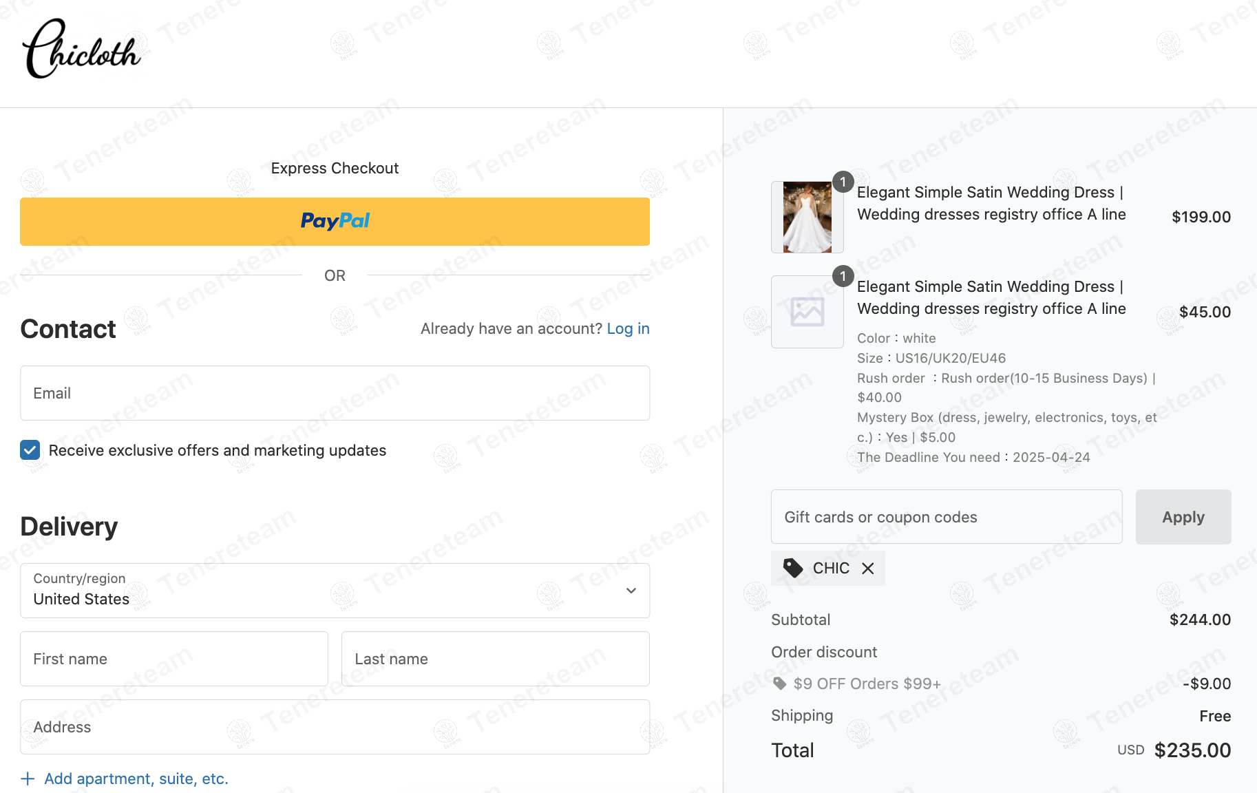 Chicloth coupon code: $9 off with CHIC. Tested and valid as 1 year ago.
