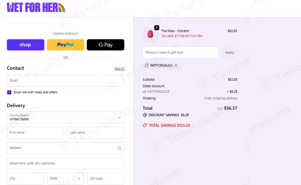 Wet For Her coupon code: 10% off with WETFORSAUCE. Tested and valid as 4 days ago.