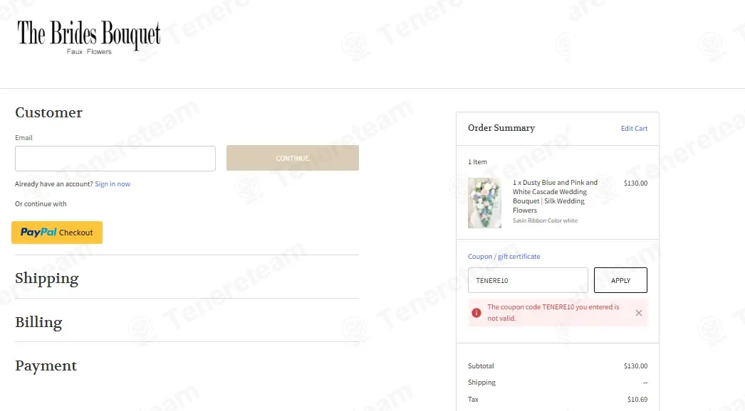 The Brides Bouquet coupon code: 10% off with TENERE10. Tested and valid as 1 month ago.