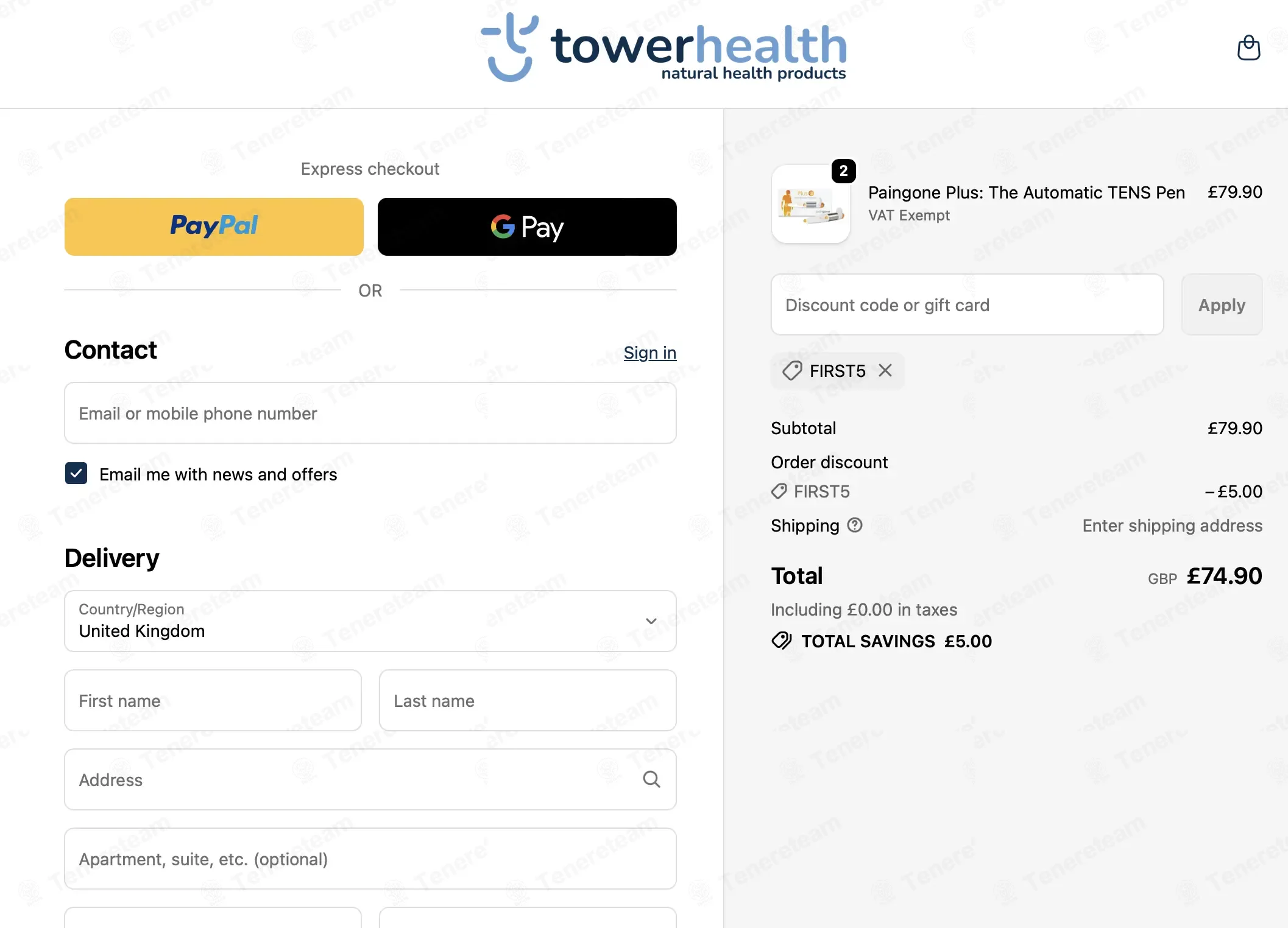 Tower Health coupon code: £5 off with FIRST5. Tested and valid as 7 months ago.