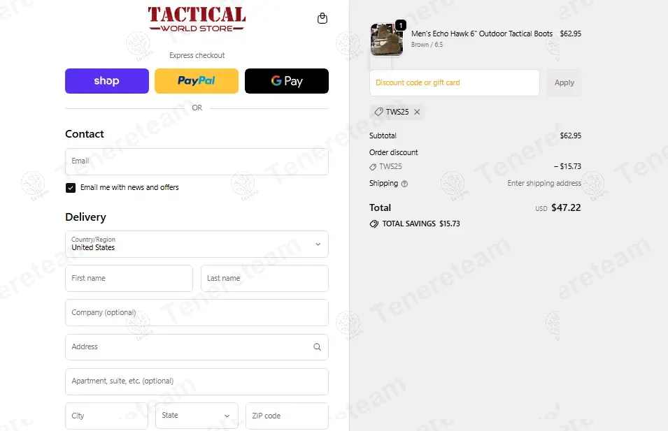 Tactical World Store coupon code: 25% off with TWS25. Tested and valid as 8 months ago.
