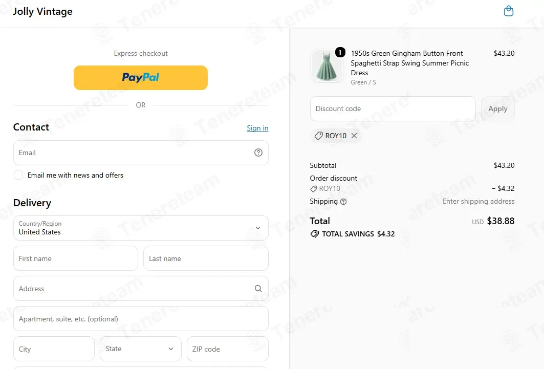 Jolly Vintage coupon code: 10% off with ROY10. Tested and valid as 1 week ago.