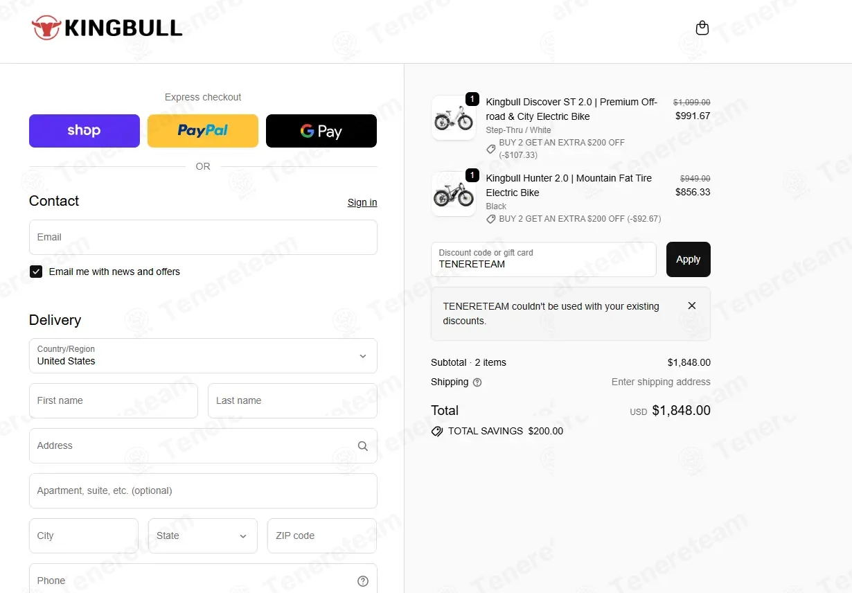 King Bull Bike coupon code: $50 off with TENERETEAM. Tested and valid as 2 weeks ago.