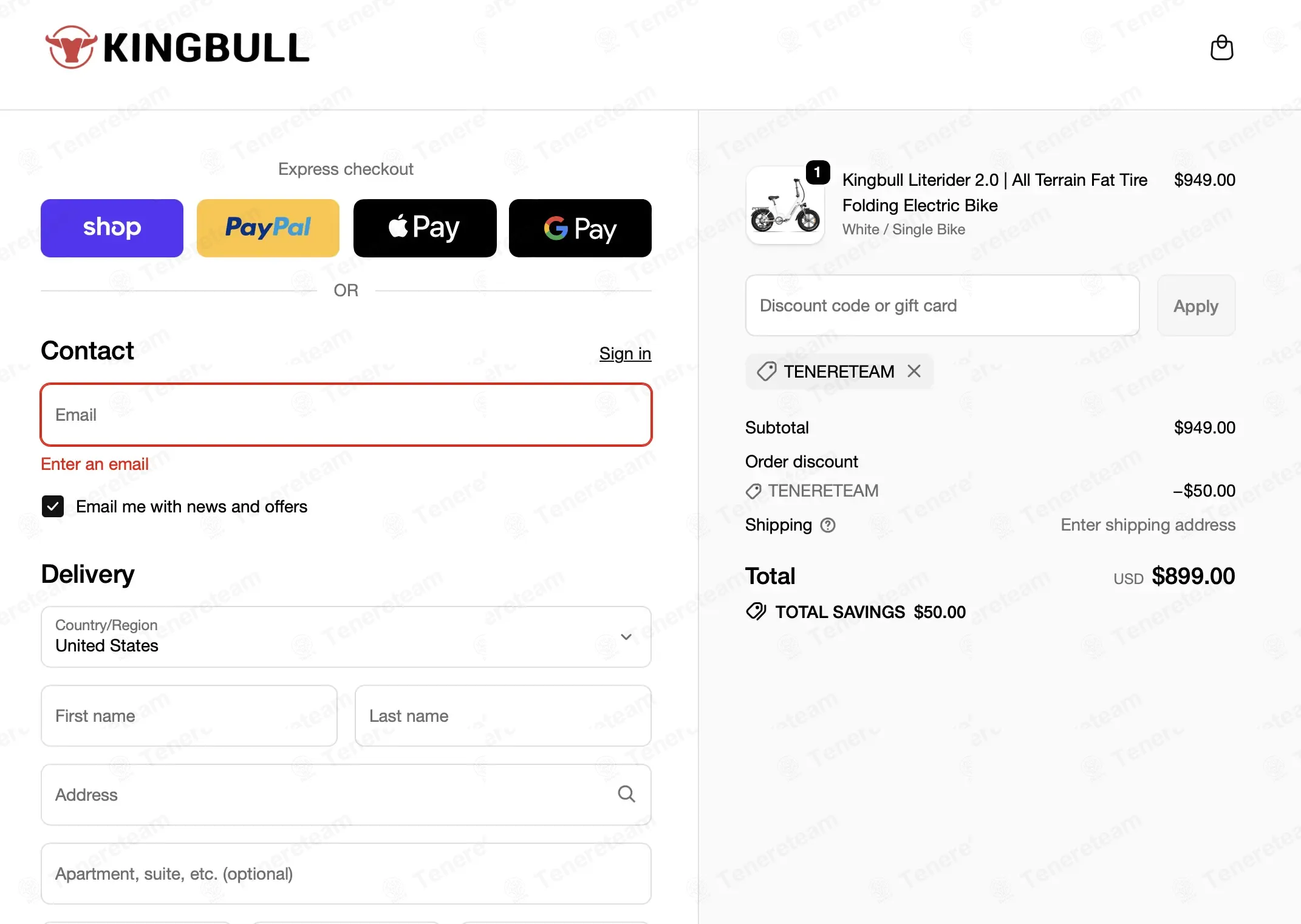 King Bull Bike coupon code: $50 off with TENERETEAM. Tested and valid as 2 weeks ago.