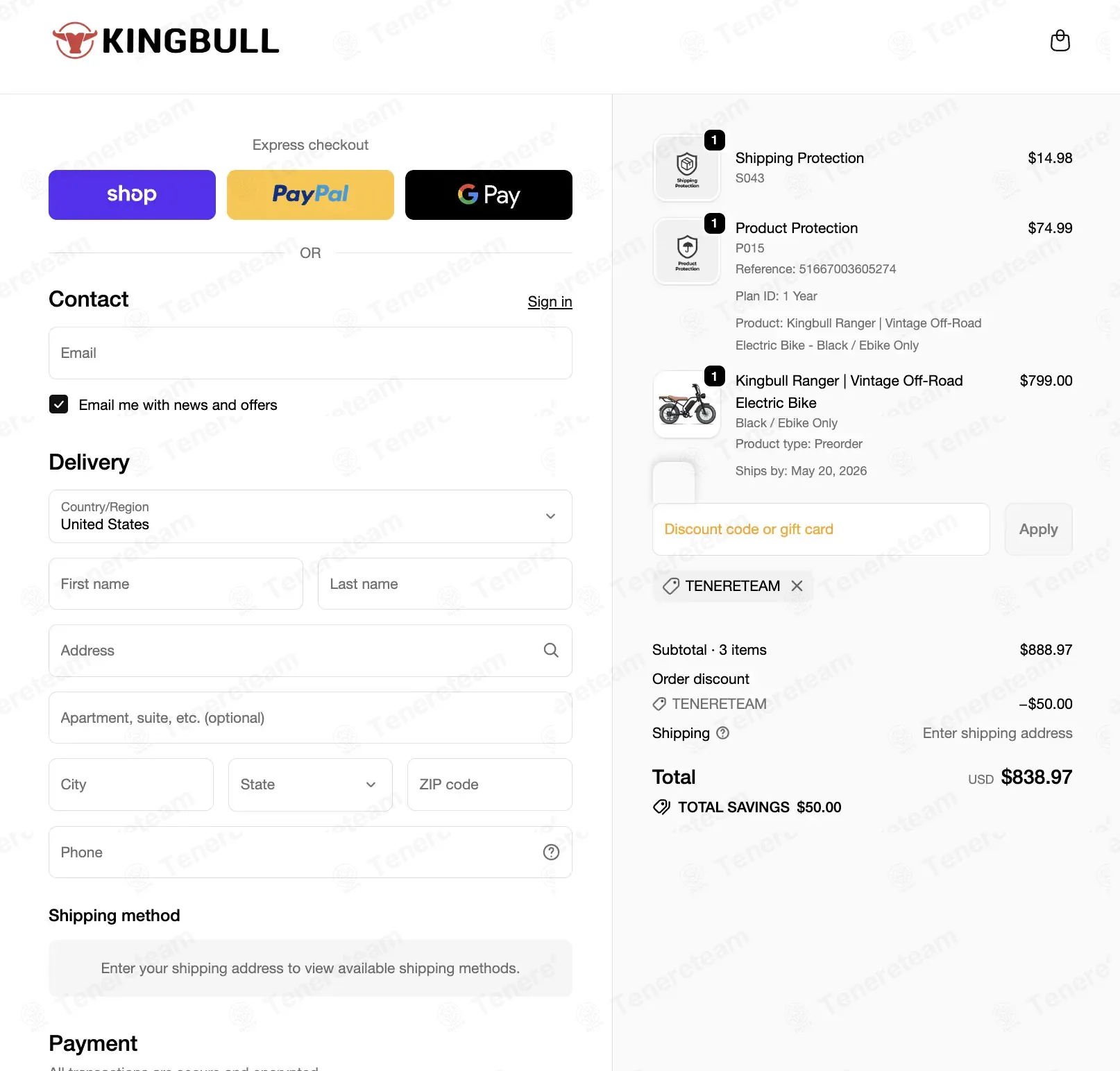 King Bull Bike coupon code: $50 off with TENERETEAM. Tested and valid as 2 weeks ago.