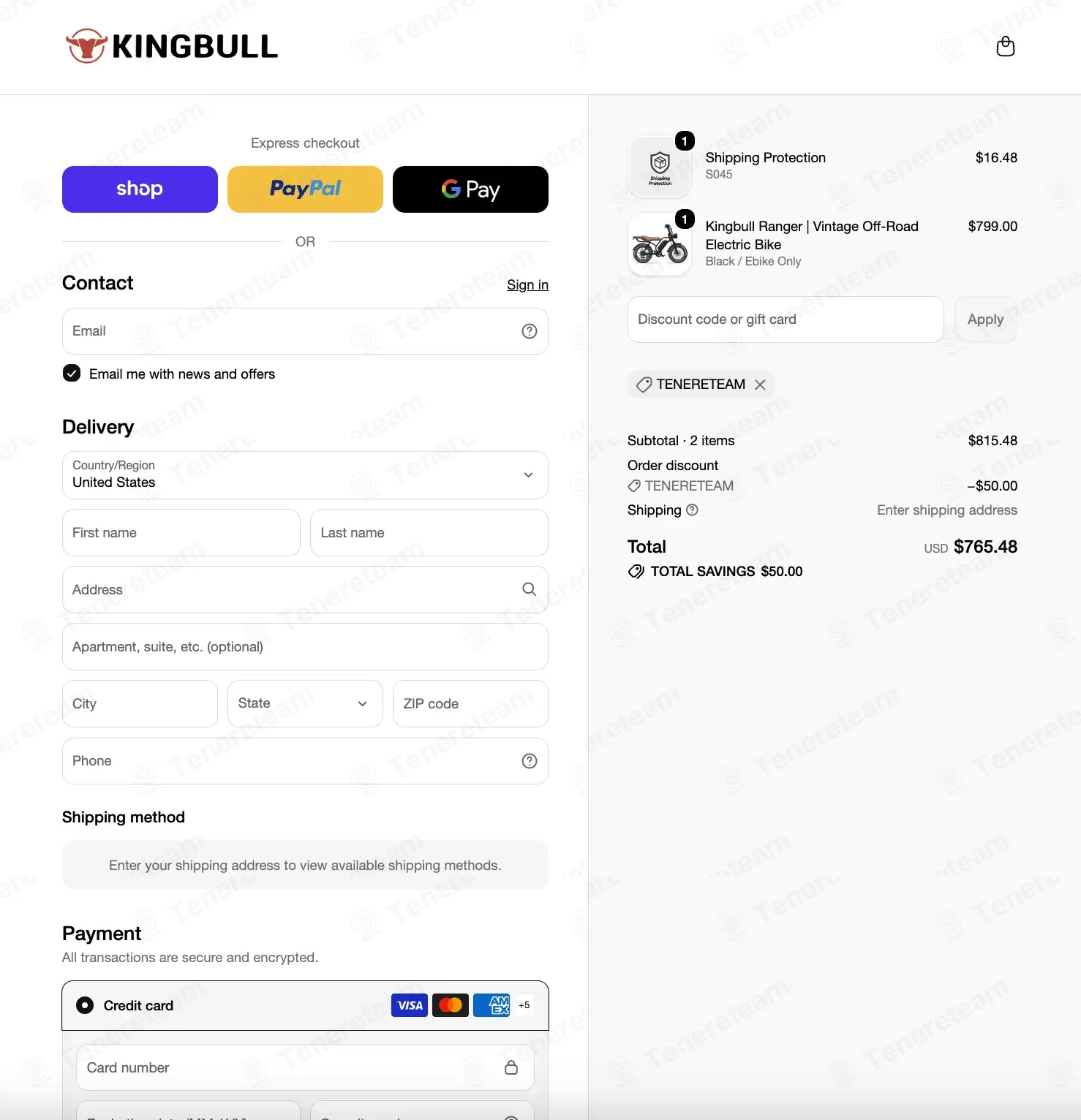 King Bull Bike coupon code: $50 off with TENERETEAM. Tested and valid as 2 weeks ago.