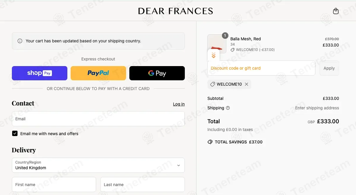 Dear France coupon code: 10% off with WELCOME10. Tested and valid as 1 year ago.
