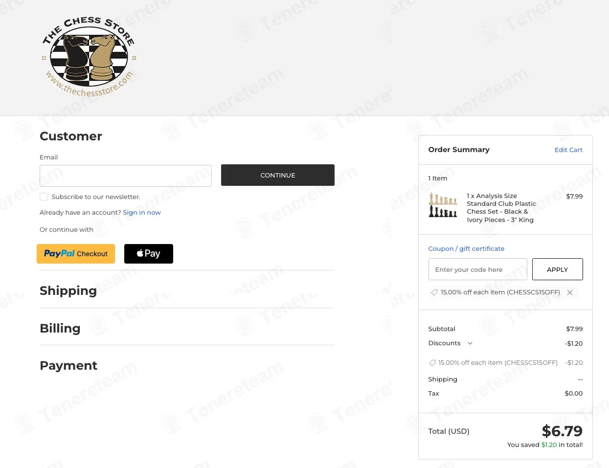 The Chess Store coupon code: 15% off with CHESSCS15OFF. Tested and valid as 1 week ago.