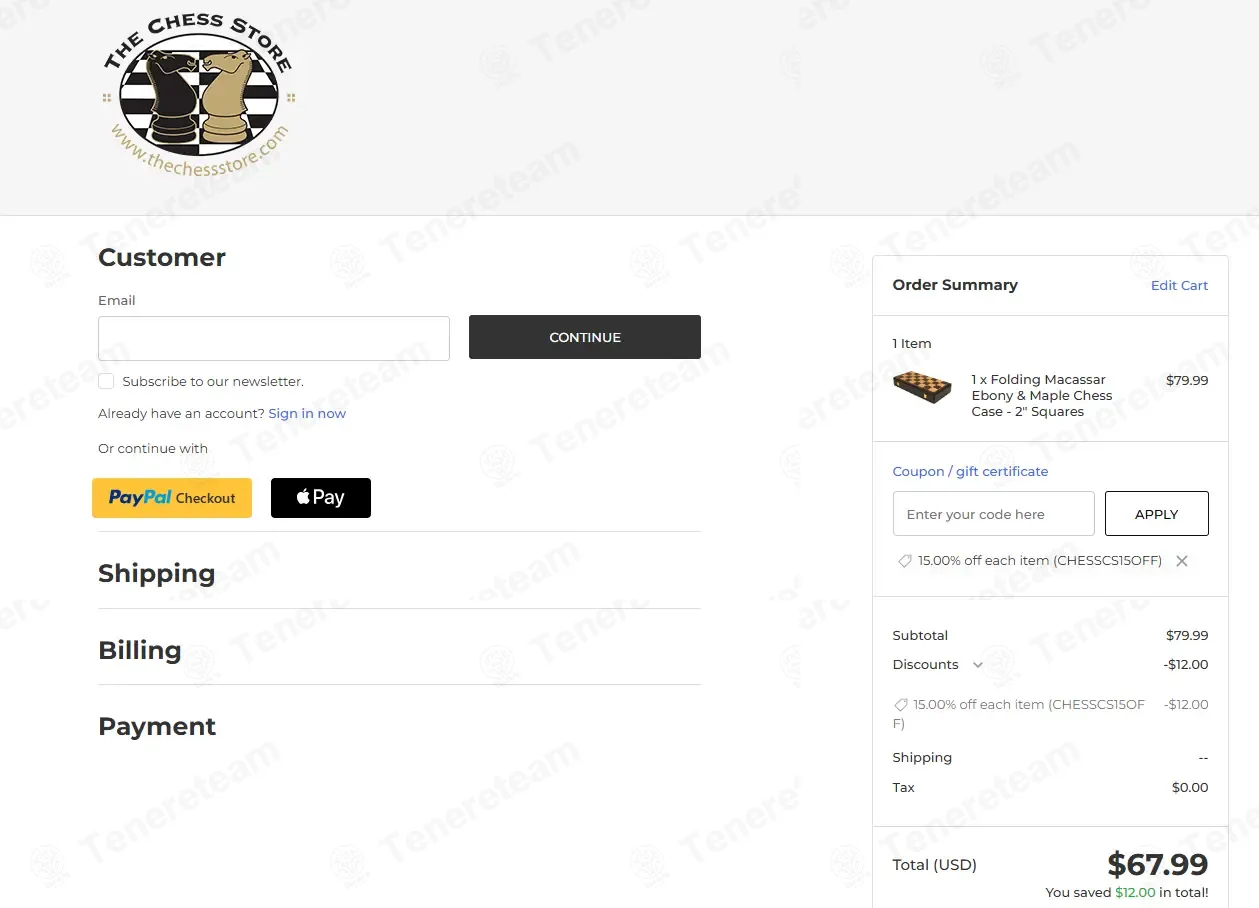 The Chess Store coupon code: 15% off with CHESSCS15OFF. Tested and valid as 1 week ago.