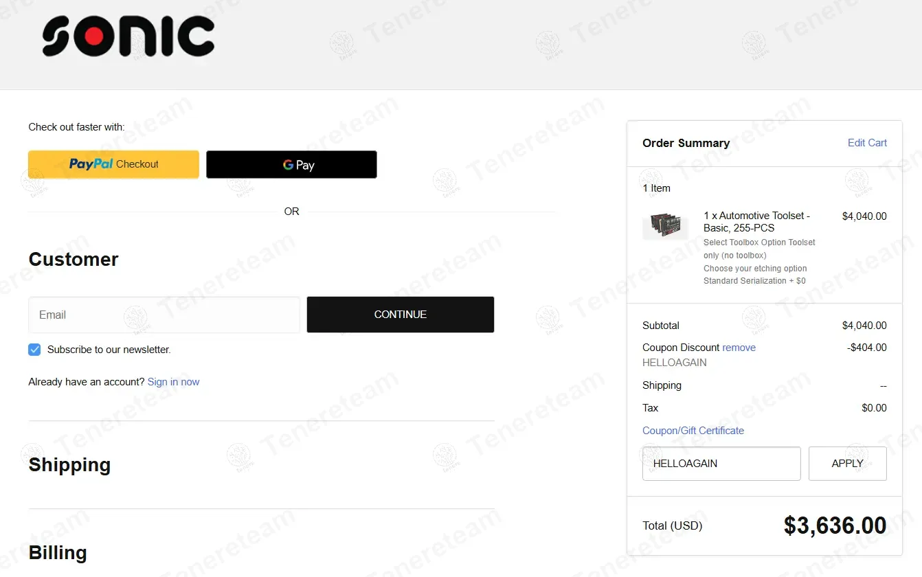 Sonic Tools coupon code: 10% off with HELLOAGAIN. Tested and valid as 1 year ago.