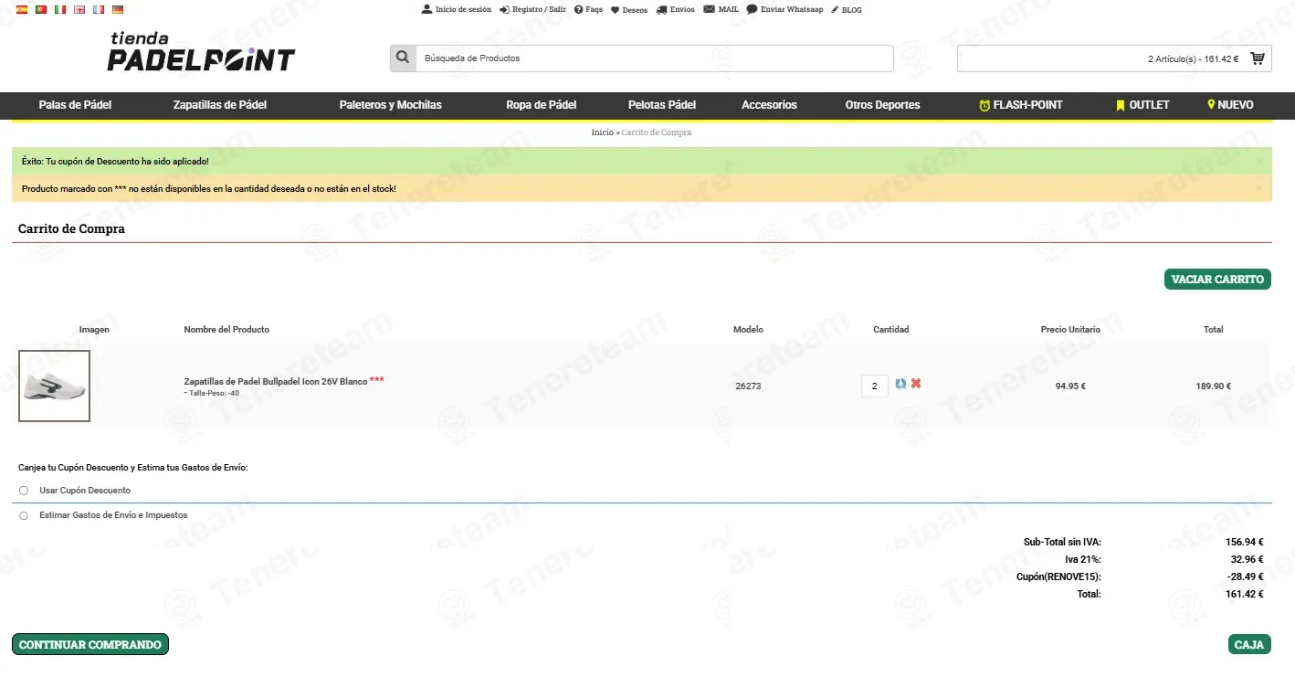Tienda Padel Point coupon code: 15% off with RENOVE15. Tested and valid as 1 week ago.