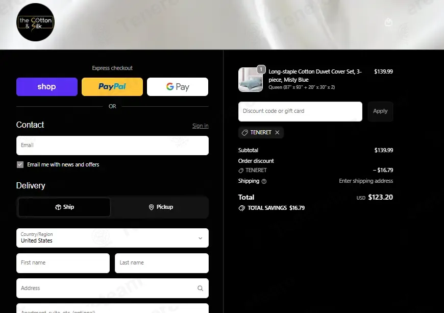 THE COTTON & SILK coupon code: 12% off with TENERET. Tested and valid as 1 month ago.