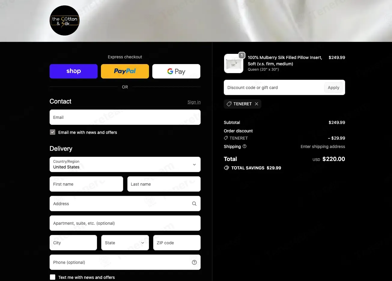 THE COTTON & SILK coupon code: 12% off with TENERET. Tested and valid as 1 month ago.