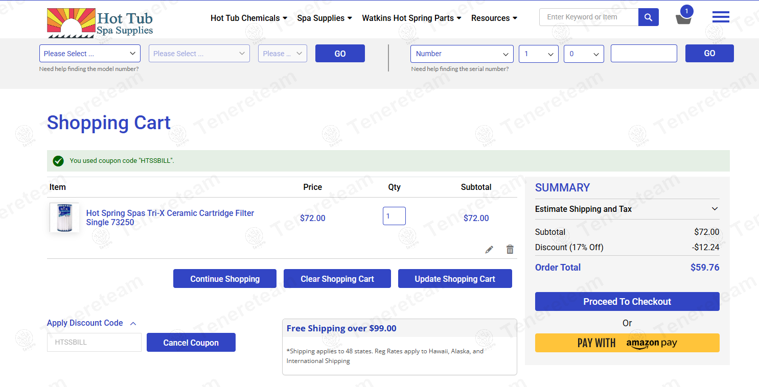 Hot Tub Spa Supplies coupon code: 17% off with HTSSBILL. Tested and valid as 1 year ago.