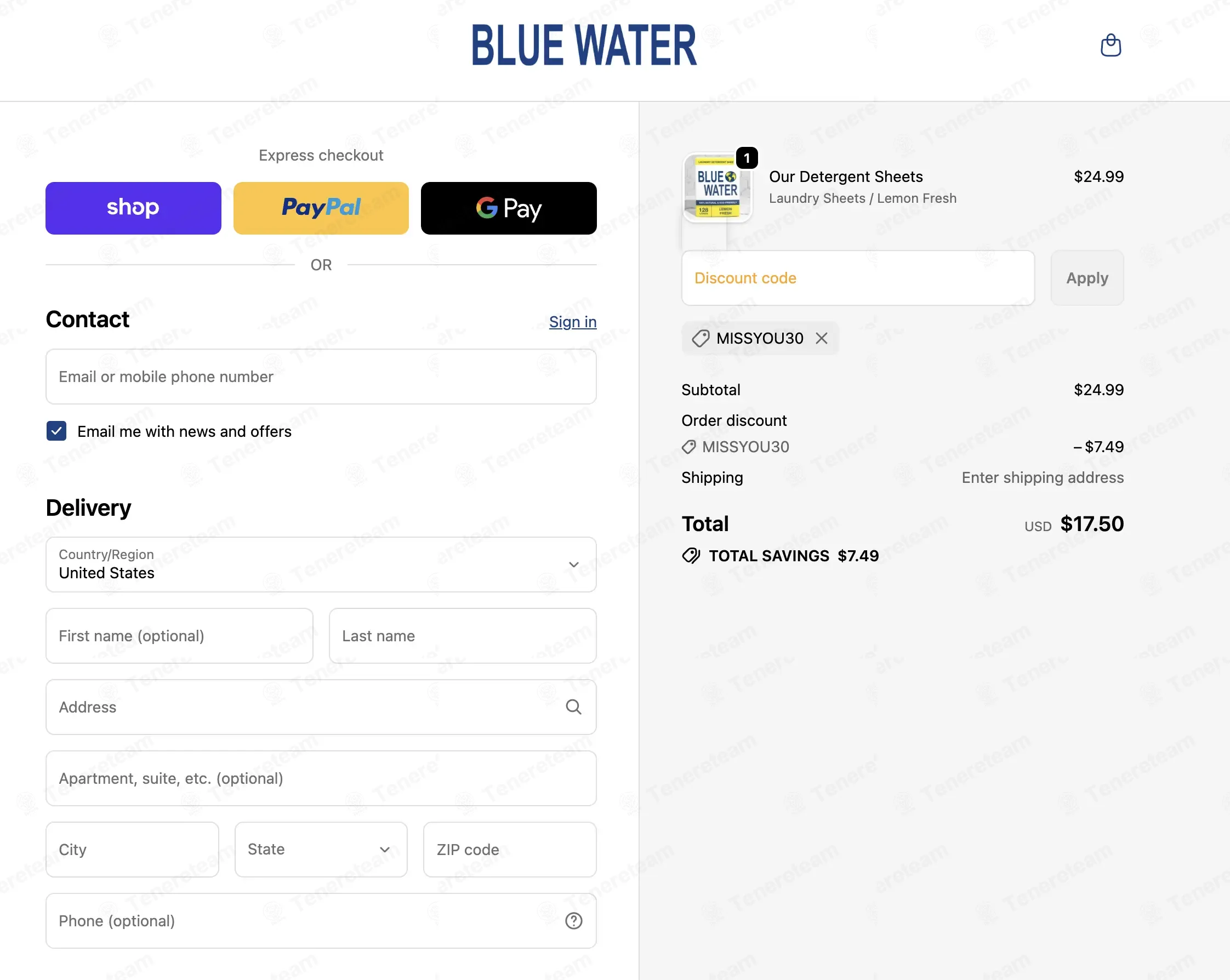 Blue Water coupon code: 30% off with MISSYOU30. Tested and valid as 7 months ago.