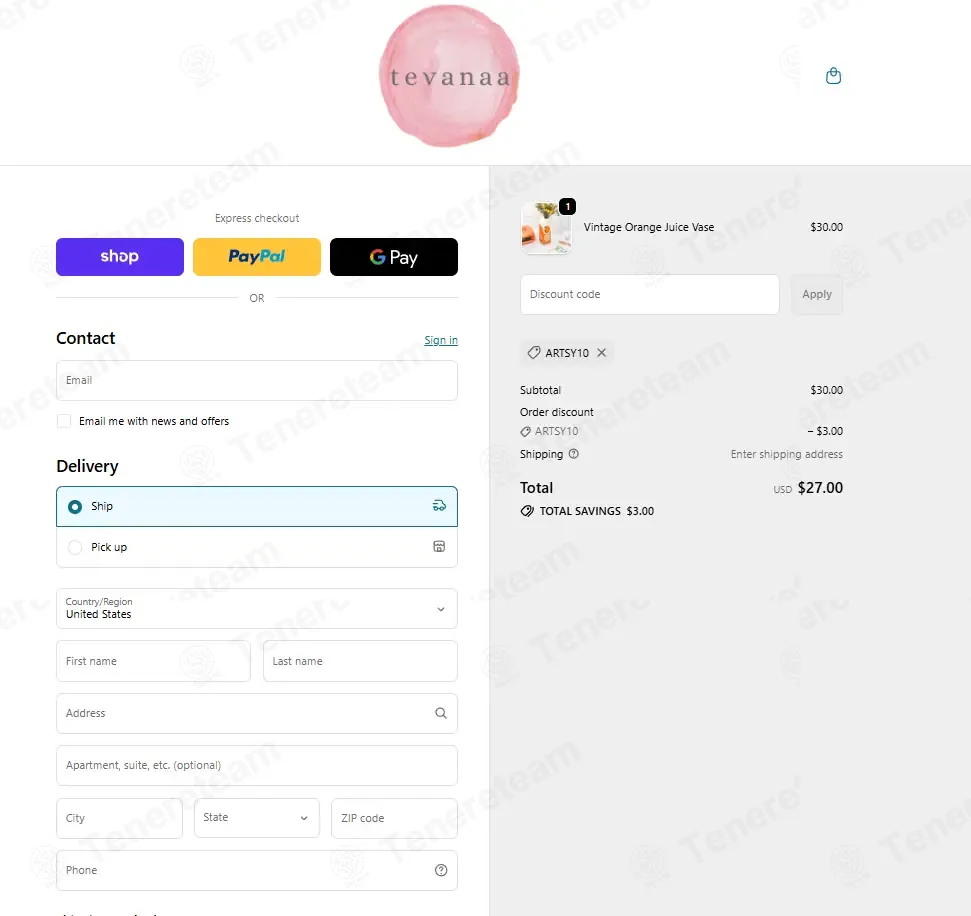 tevanaa coupon code: 10% off with ARTSY10. Tested and valid as 1 month ago.