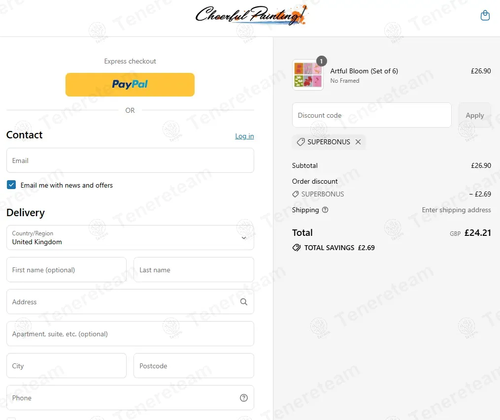 Cheerful Painting UK coupon code: 10% off with SUPERBONUS. Tested and valid as 1 year ago.