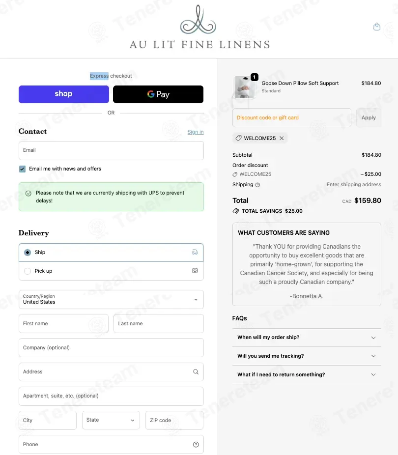 Au Lit Fine Linens coupon code: $25 off with WELCOME25. Tested and valid as 7 months ago.