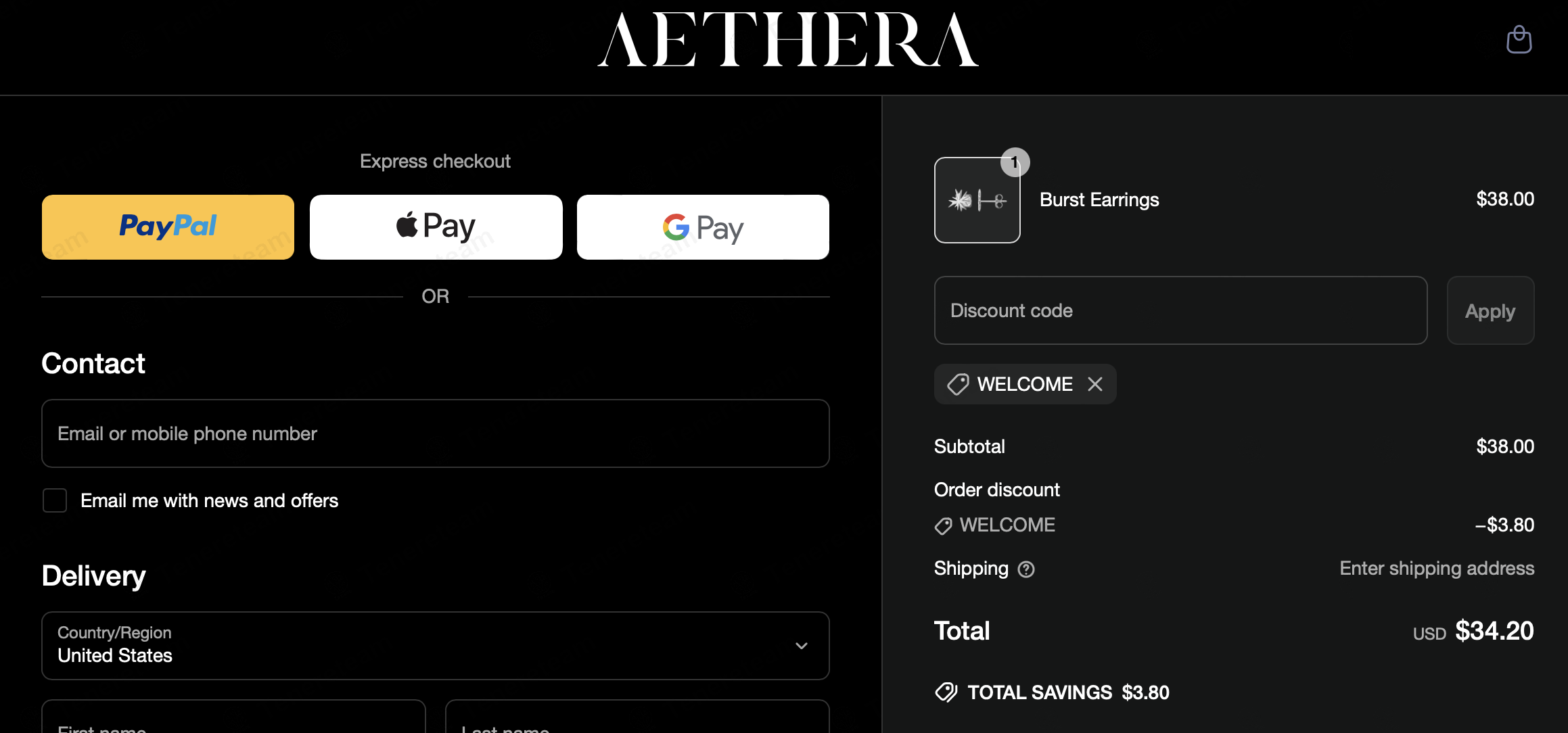 Aetheradesign coupon code: 10% off with WELCOME. Tested and valid as 1 year ago.
