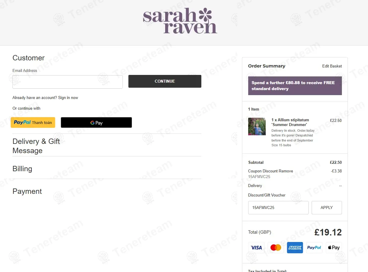 Sarah Raven coupon code: 15% off with 15AFMVC25. Tested and valid as 8 months ago.