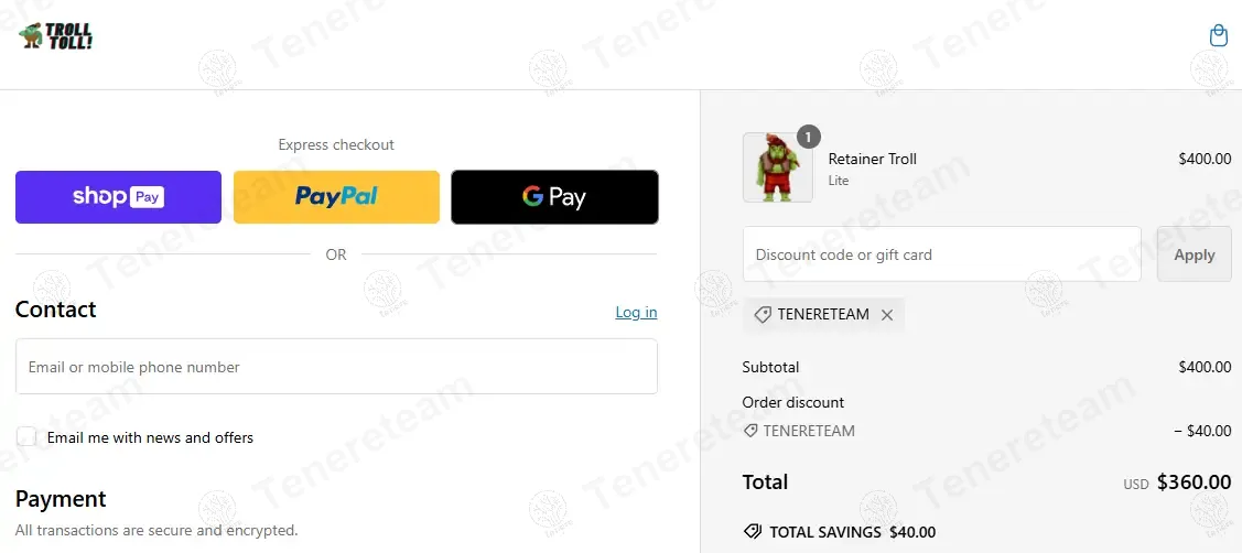 Pay the Troll Toll coupon code: 10% off with tenereteam. Tested and valid as 9 months ago.