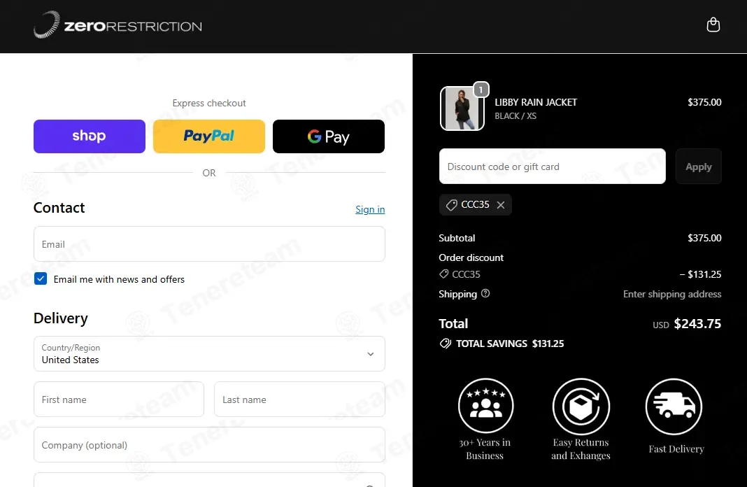 Zero Restriction coupon code: 35% off with CCC35. Tested and valid as 4 weeks ago.